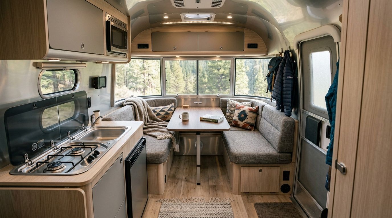 A cozy, modern interior of an Airstream Basecamp 20X trailer featuring a dining area, kitchen, and scenic view.