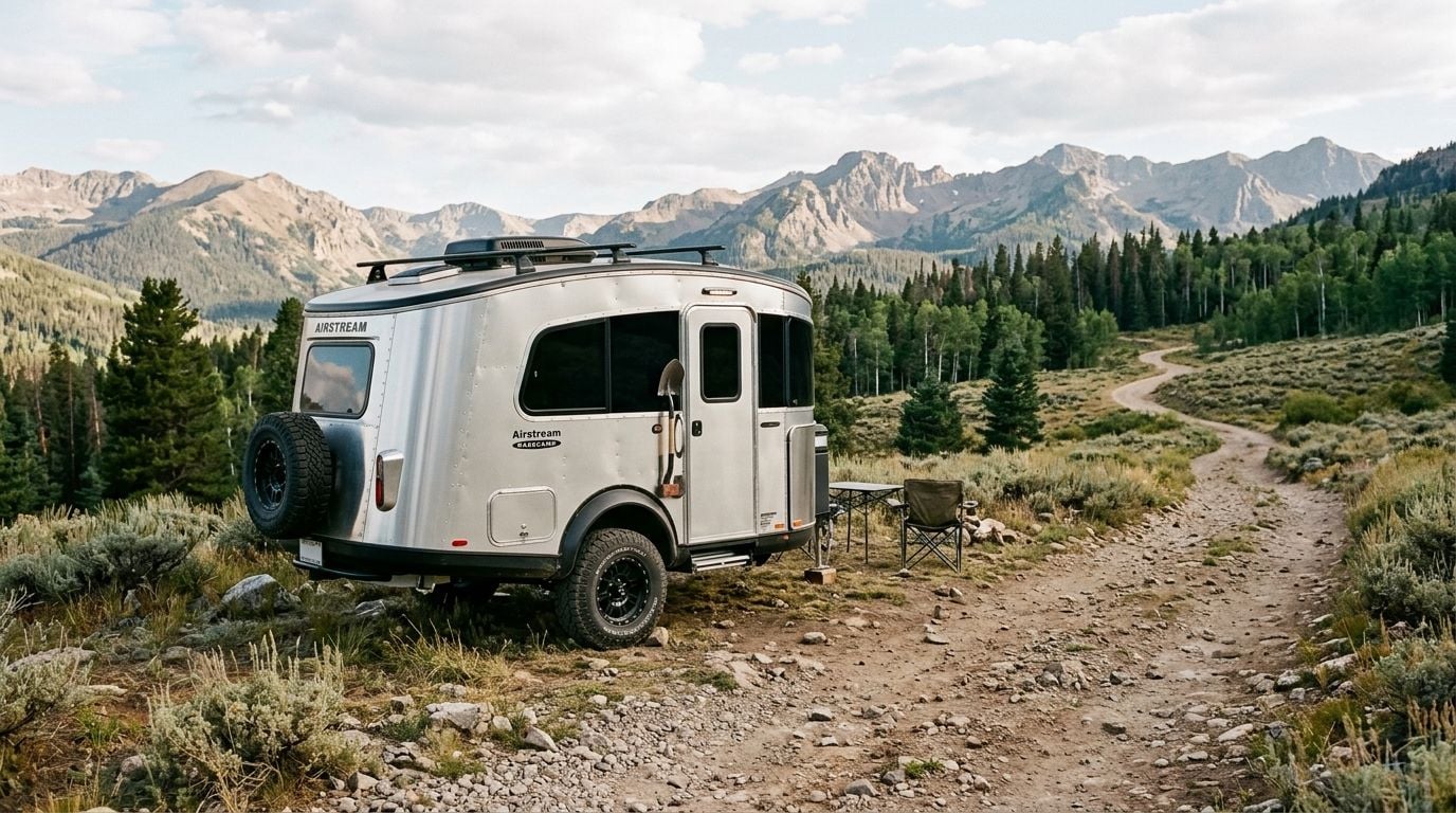 A silver Airstream Basecamp travel trailer parked on a dirt path in a scenic mountain landscape.