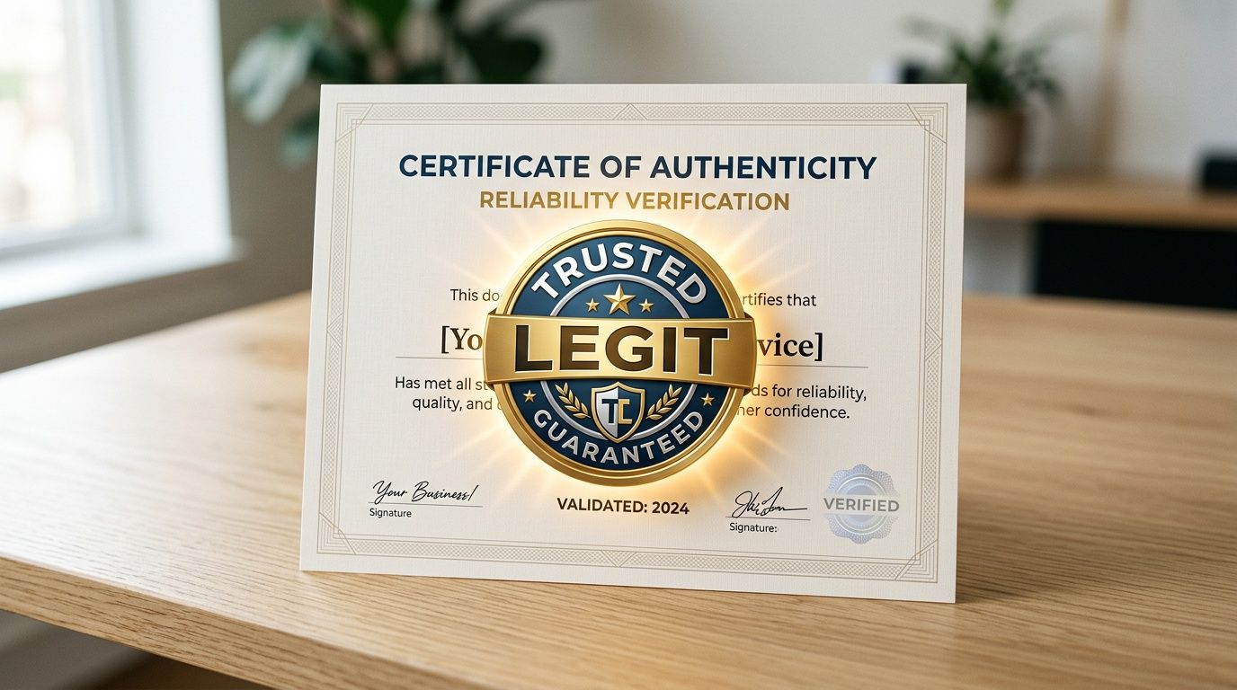 A certificate of authenticity for reliability verification with a gold-colored trust badge resting on a wooden desk.