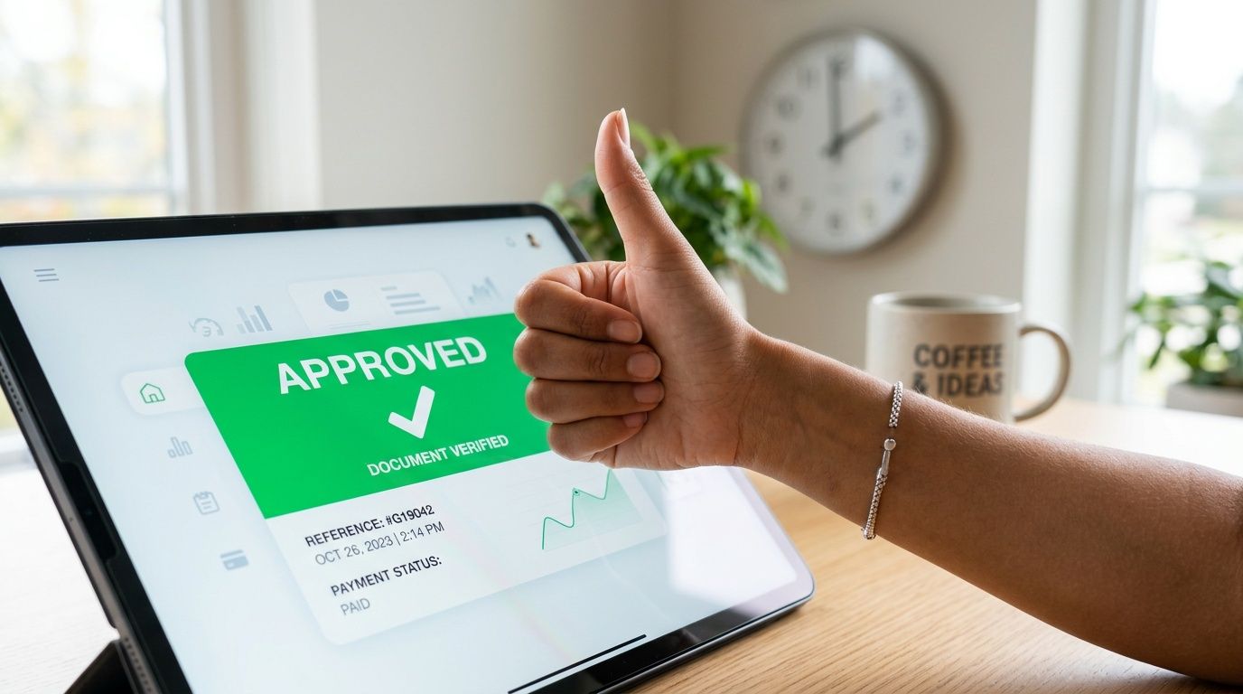 A person gives a thumbs up next to a digital tablet displaying an approved document verification screen.