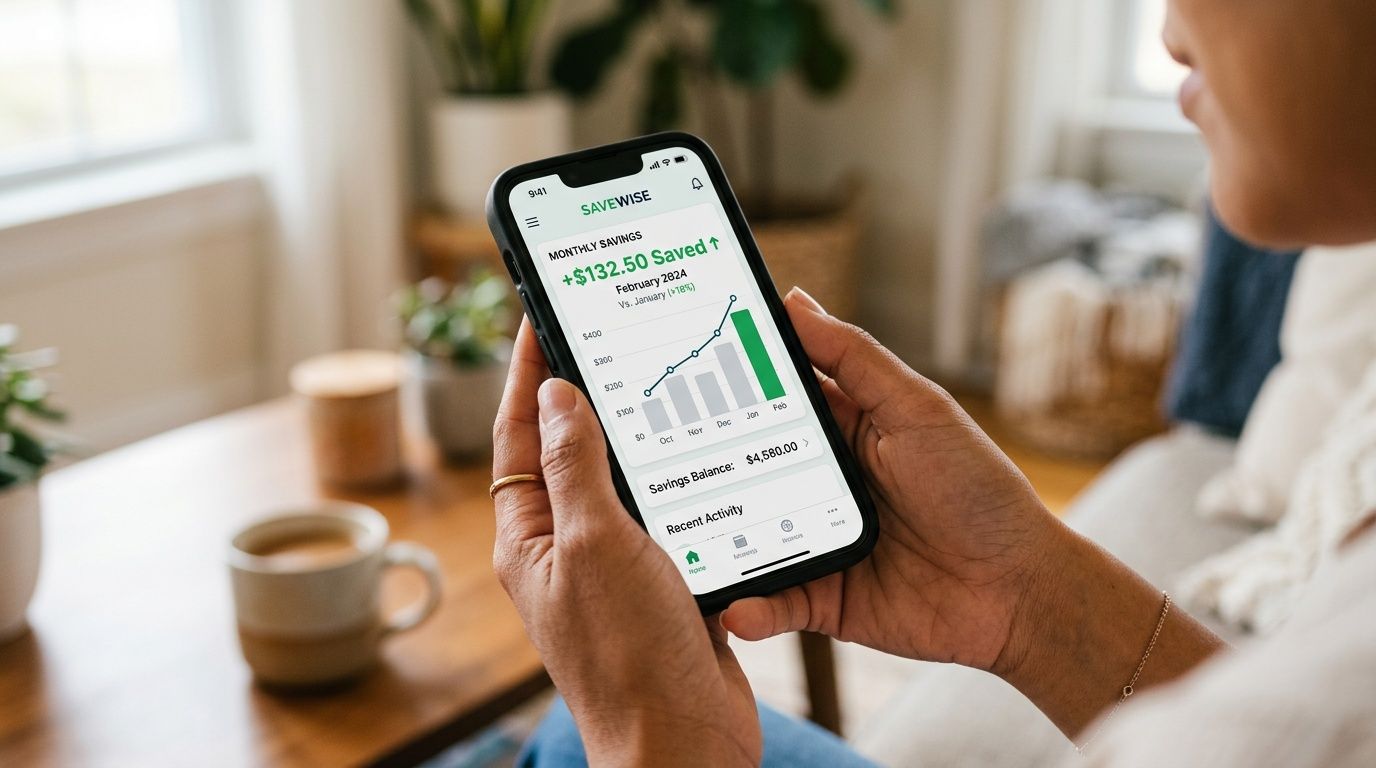 A person holding a smartphone displaying a savings tracker app called SaveWise with financial progress charts.