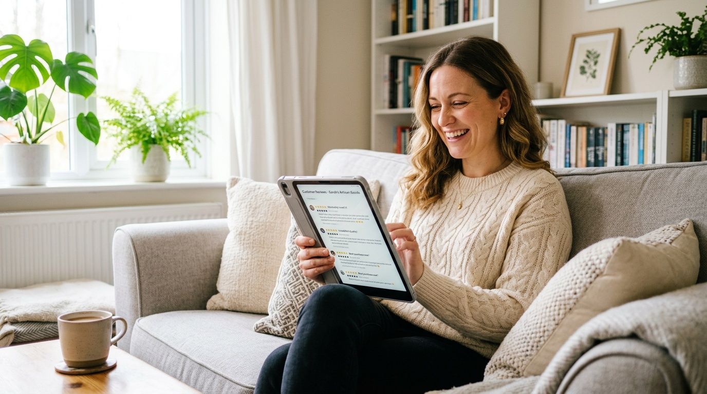A smiling woman sitting on a couch browsing customer product reviews on her tablet computer at home.