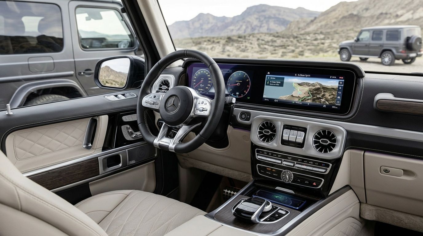 A modern Mercedes-Benz G-Wagon interior features a luxury leather dashboard, digital display screens, and a premium steering wheel.