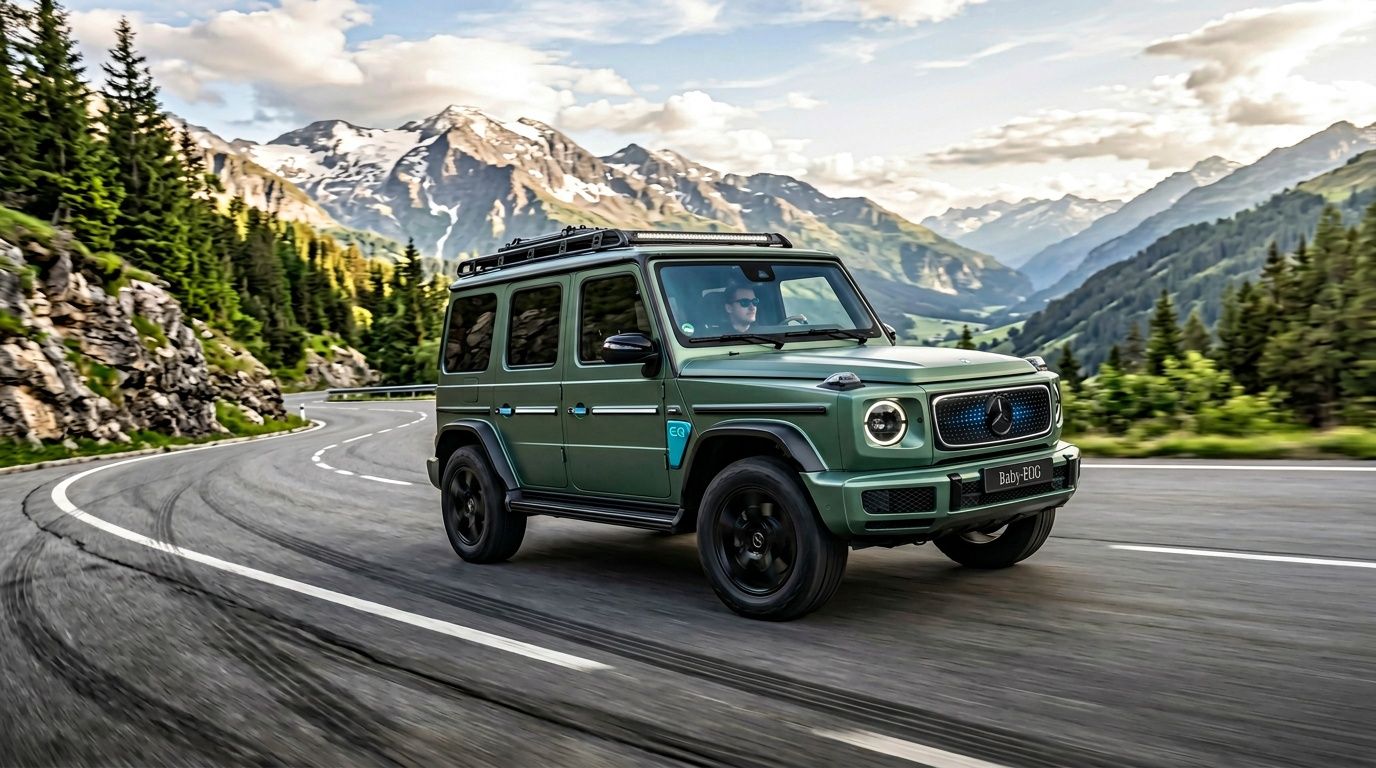 A matte green Mercedes-Benz baby G-Wagon electric SUV driving on a winding road through a mountain pass.