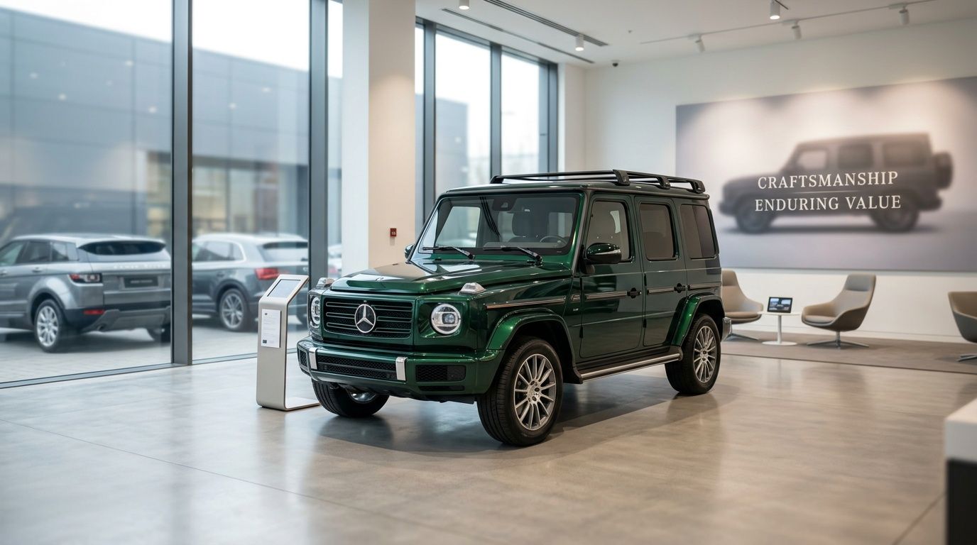 A luxurious dark green Mercedes-Benz G-Wagon parked inside a modern, spacious vehicle showroom with large windows.