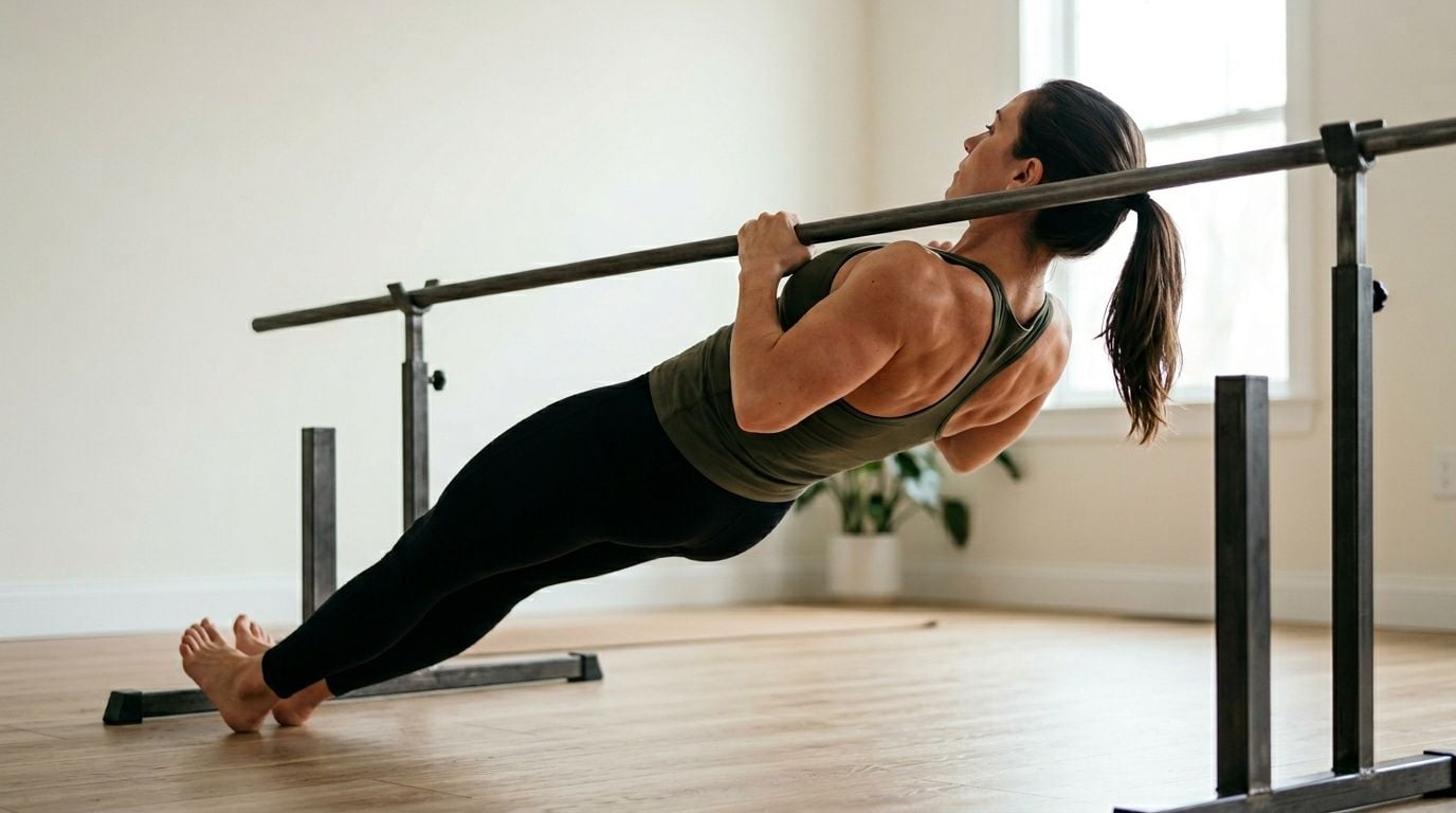 A woman performing an inverted bodyweight row exercise using a metal ballet barre in a studio.