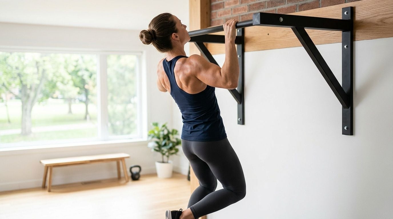 A fit woman performing a pull-up exercise on a wall-mounted pull-up bar in a bright home gym.