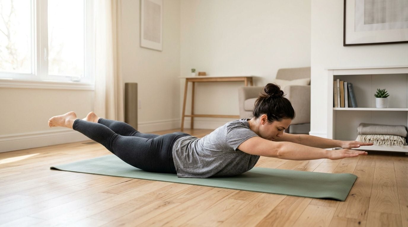 A woman performing a back workout with bodyweight by practicing the superman exercise on a yoga mat.