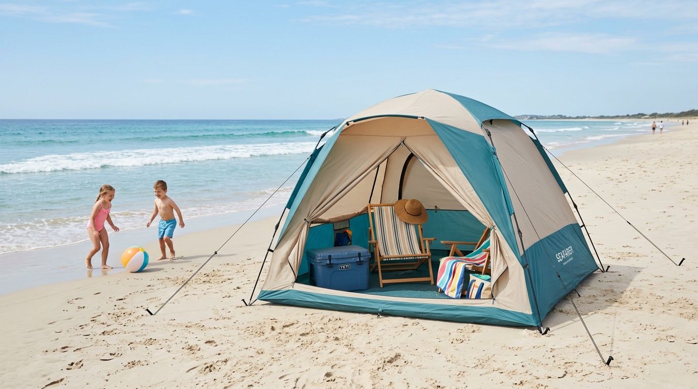 A family enjoys a sunny day at the beach with a spacious teal and beige tent set up.