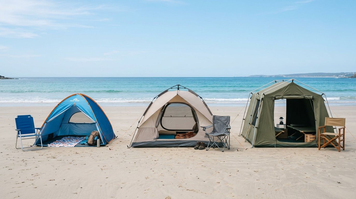 Three colorful camping tents are set up on a sandy beach by the ocean under a clear sky.