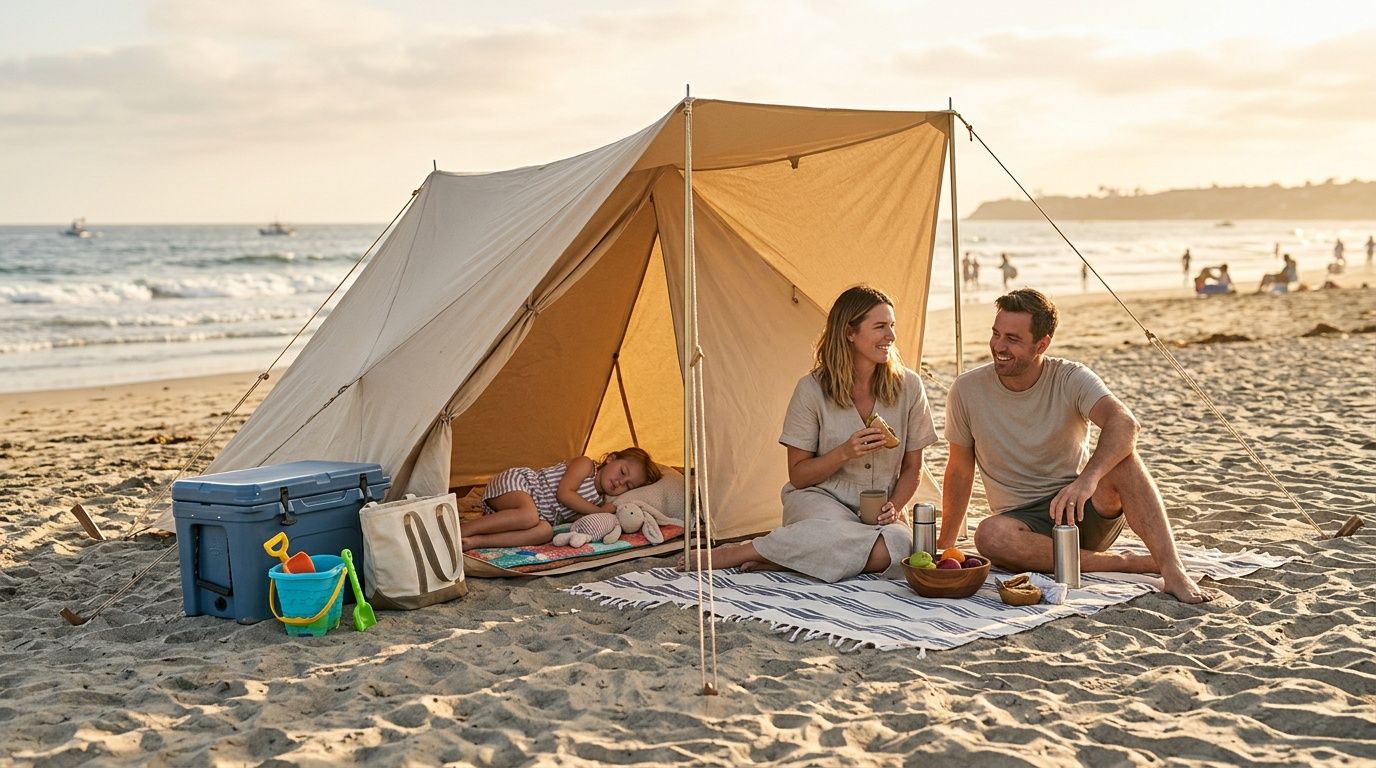 A family enjoys a relaxing beach campsite with a tent, a sleeping child, and parents having a picnic.