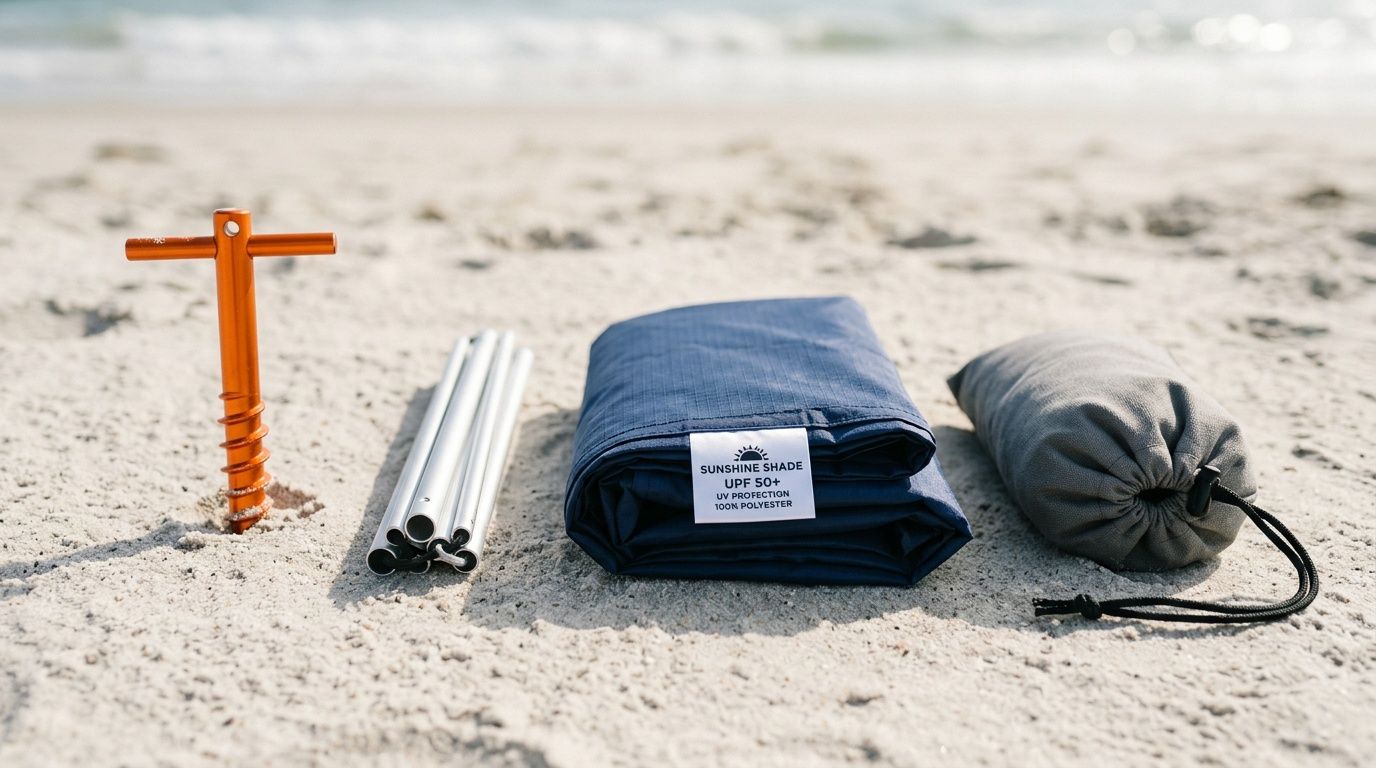 Beach tent components including an orange anchor, poles, blue shade, and gray pouch on sand.