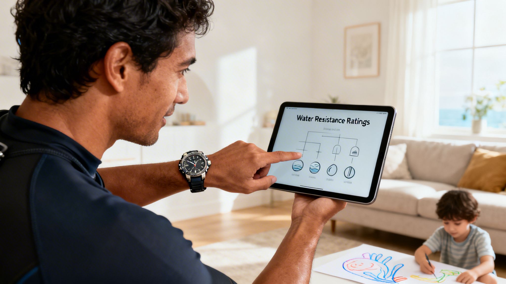 A man pointing at a tablet screen displaying a chart of water resistance ratings while a child draws.