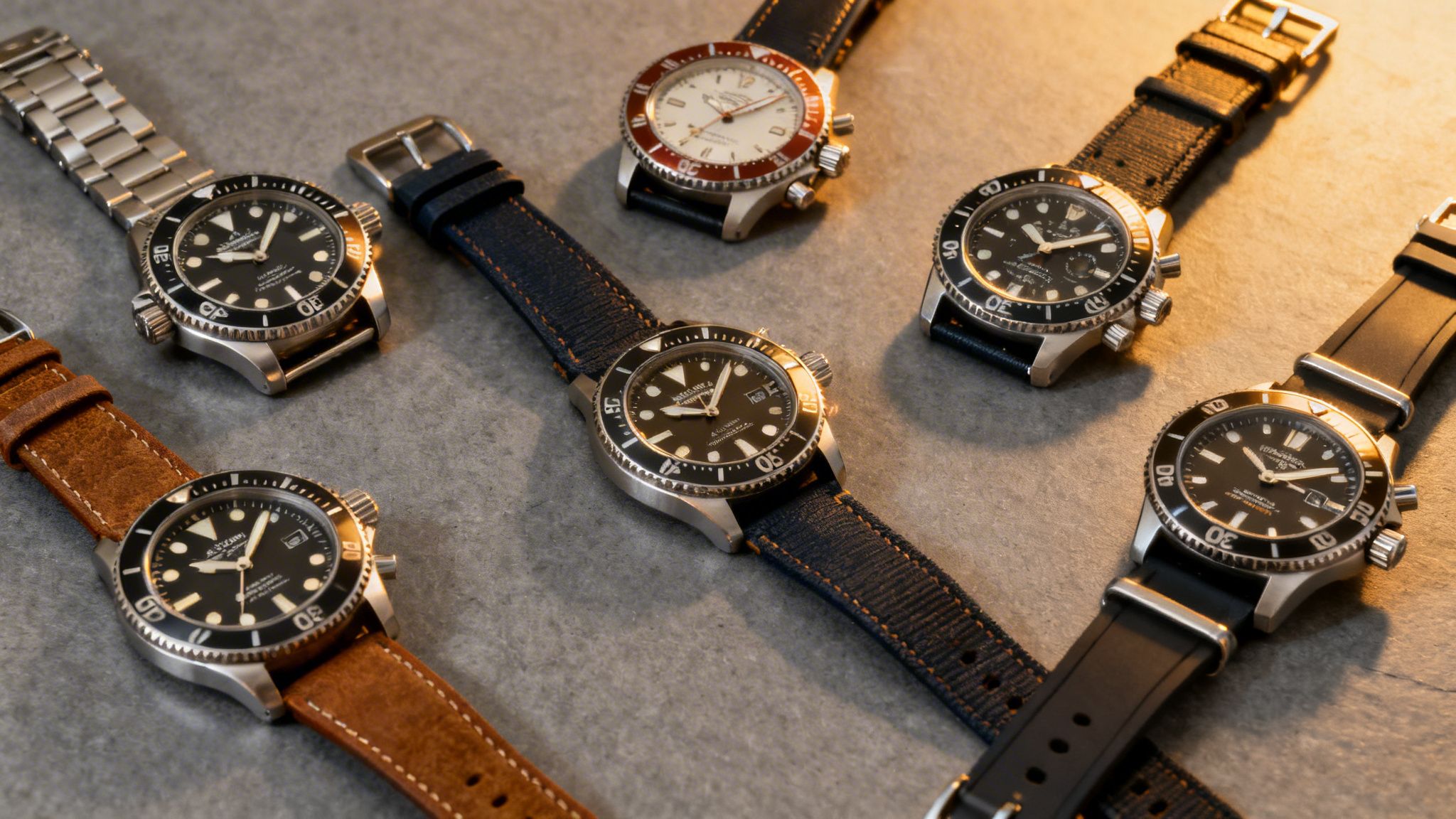 An overhead view of six high-quality dive watches with various bands arranged on a grey surface.