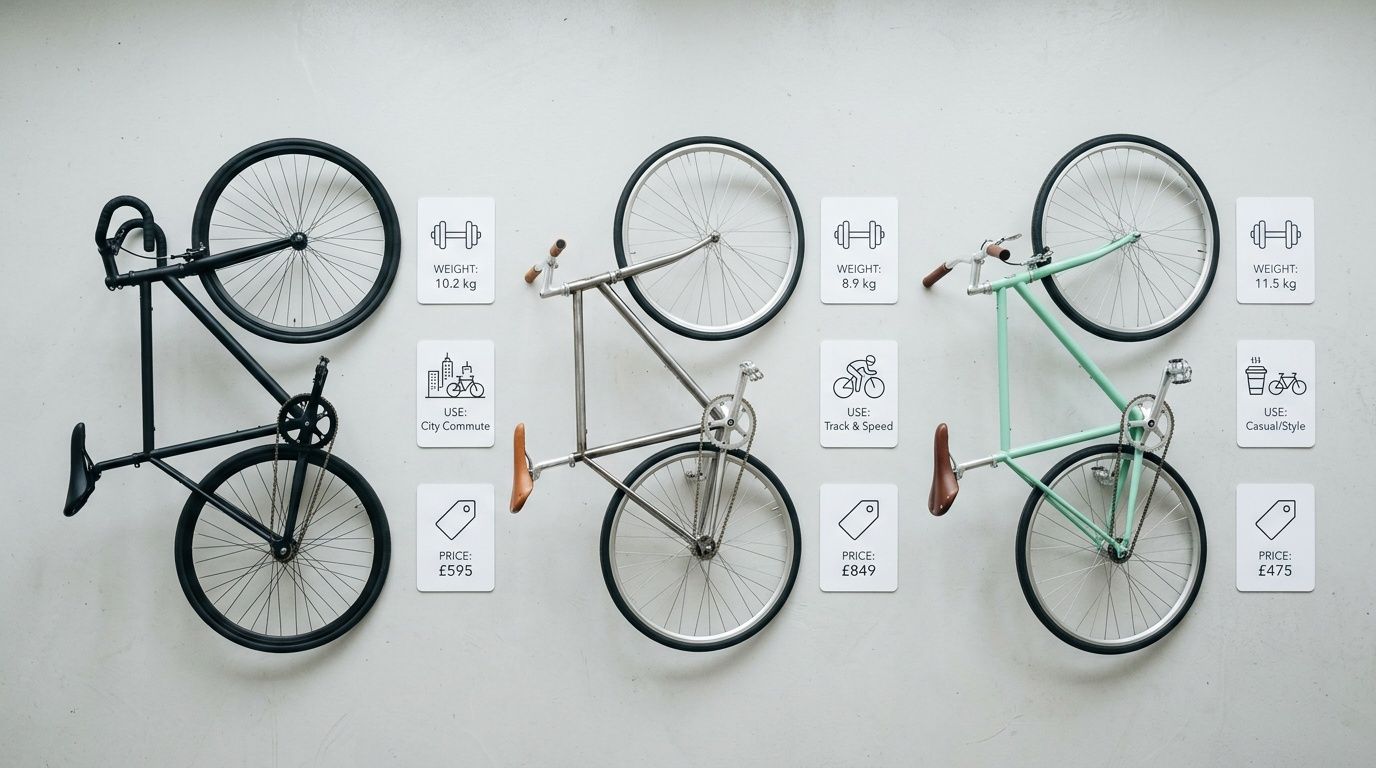 Three fixed-gear bicycles displayed on a wall with detailed weight, use, and price information.