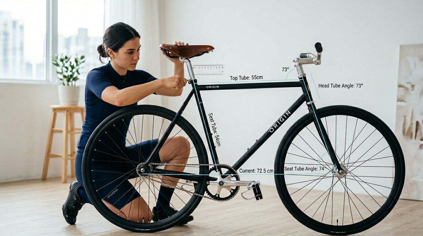 A person adjusts a black fixie bike, displaying various frame measurements and angles like top tube and seat tube.