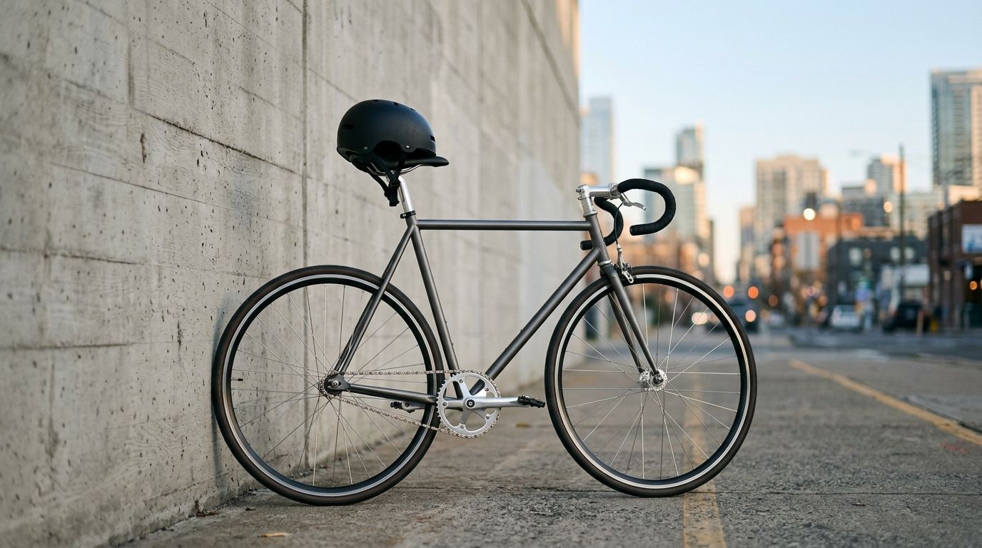 A sleek, dark gray fixie bike with a black helmet leaning against a textured concrete wall in a city setting.