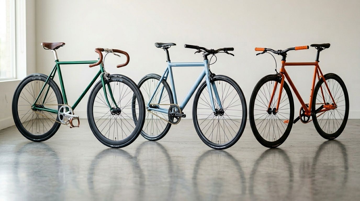 Three sleek, colorful fixed-gear bicycles, a green, blue, and orange fixie, standing side-by-side.