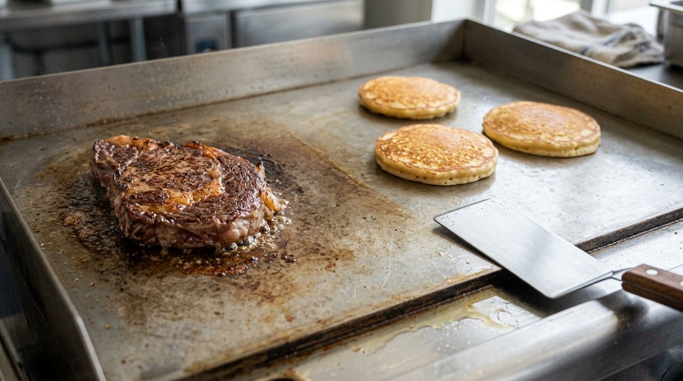 A sizzling steak and three golden pancakes cook on a commercial flat top griddle with a spatula nearby.