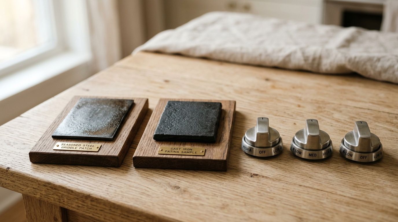 Seasoned steel and cast iron samples displayed with three modern stove control knobs on a wooden surface.