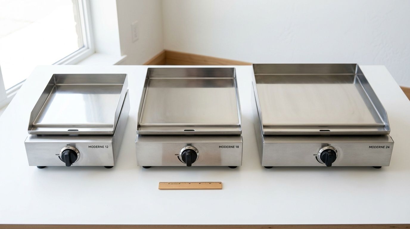 Three stainless steel flat top griddles, labeled Moderne 12, 18, and 24, on a white table.