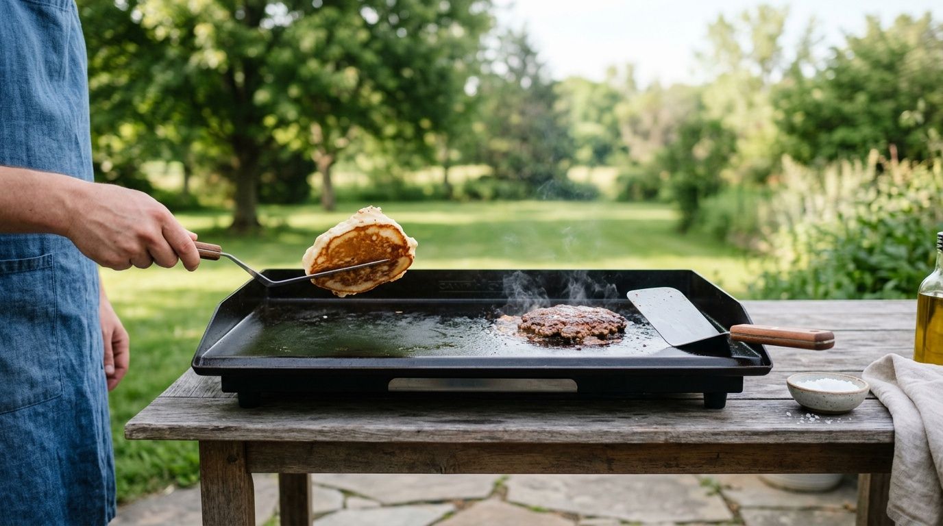 Person cooking pancakes and a burger on an outdoor flat top griddle on a wooden table.