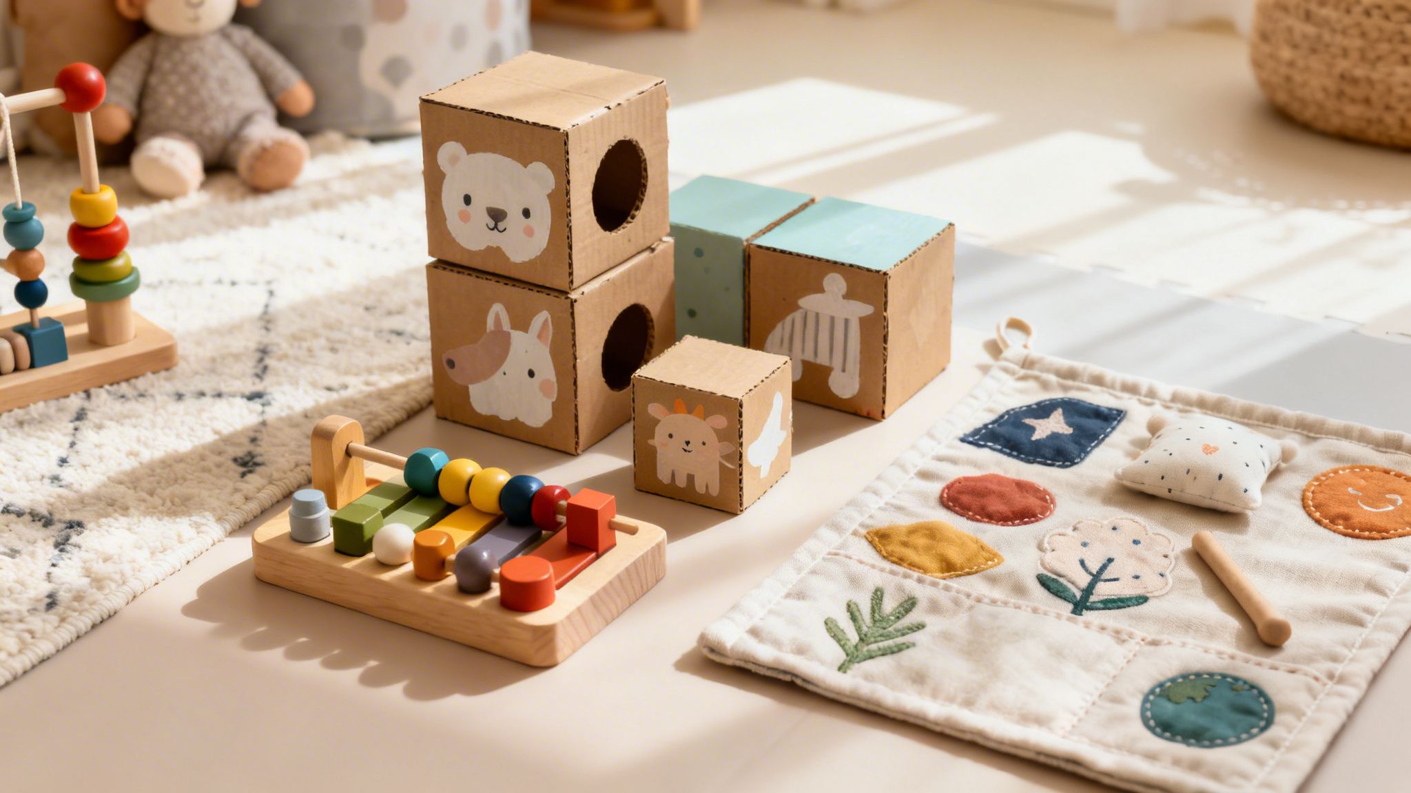 A collection of wooden baby toys, including building blocks and an abacus on a soft mat.