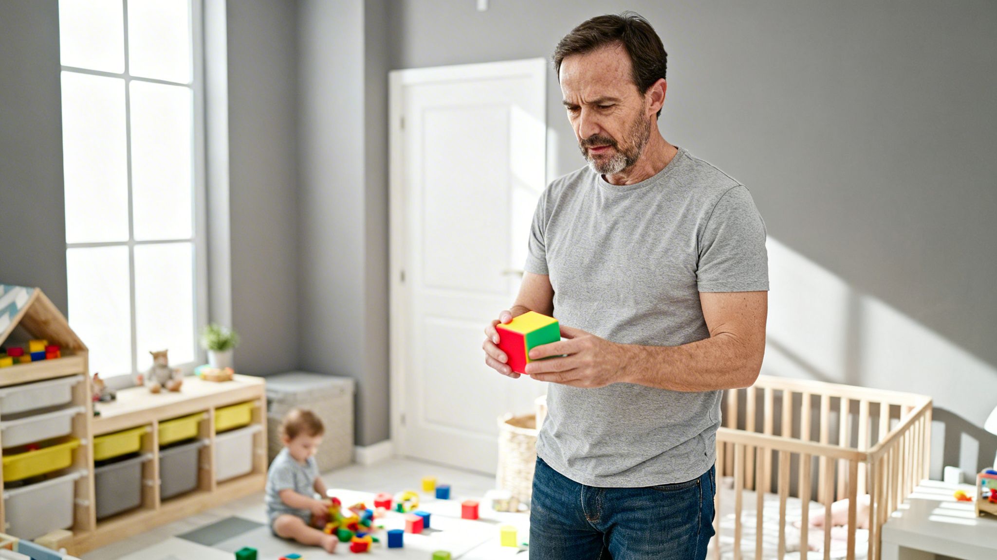 A concerned father holds a colorful toy block while his toddler plays with toys in the nursery.