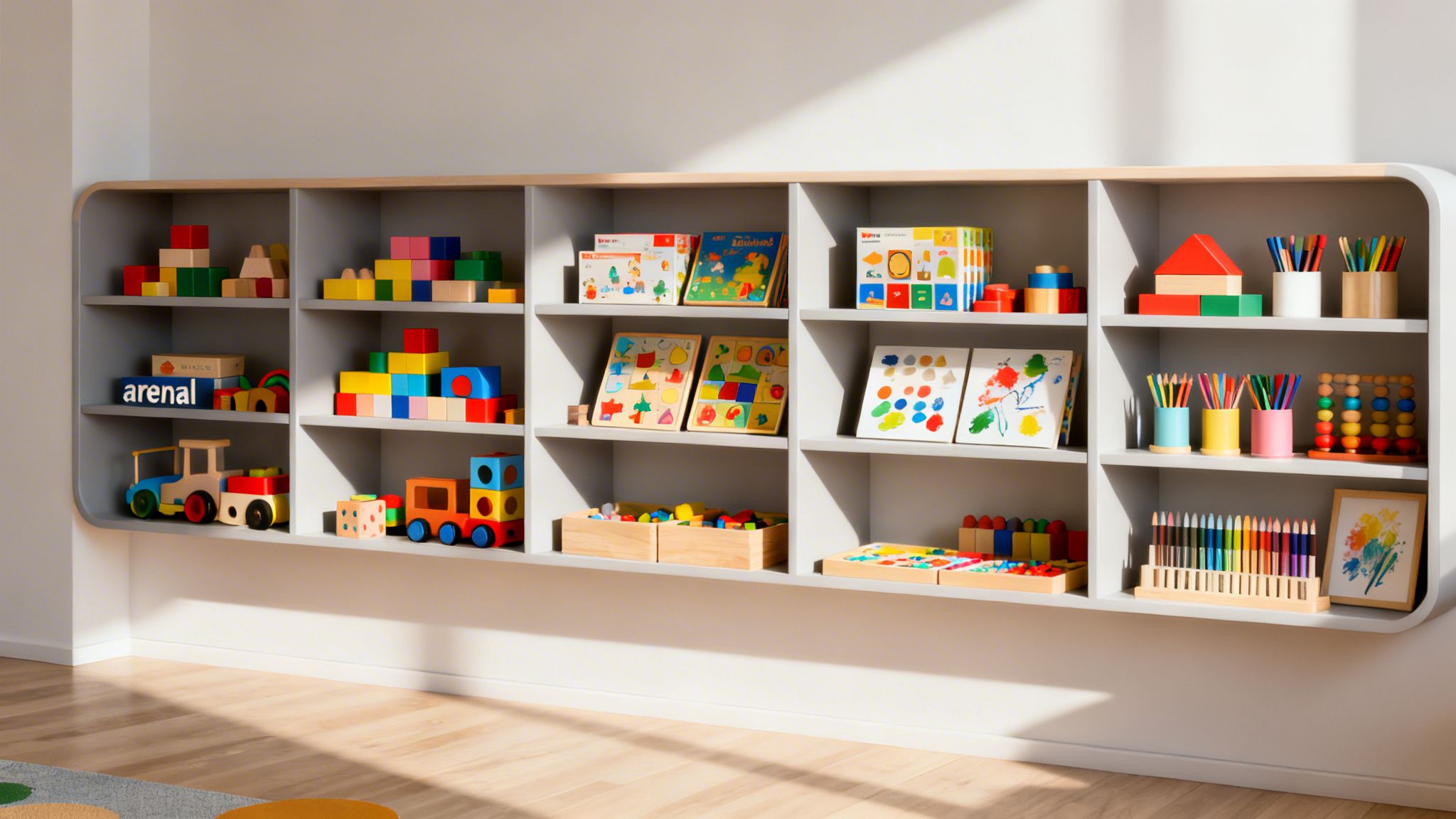 A brightly organized shelf in a child's playroom filled with colorful wooden blocks, puzzles, and art supplies.