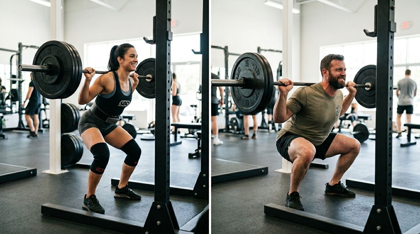 A fit man and woman performing deep barbell back squats in a modern gym with power racks.