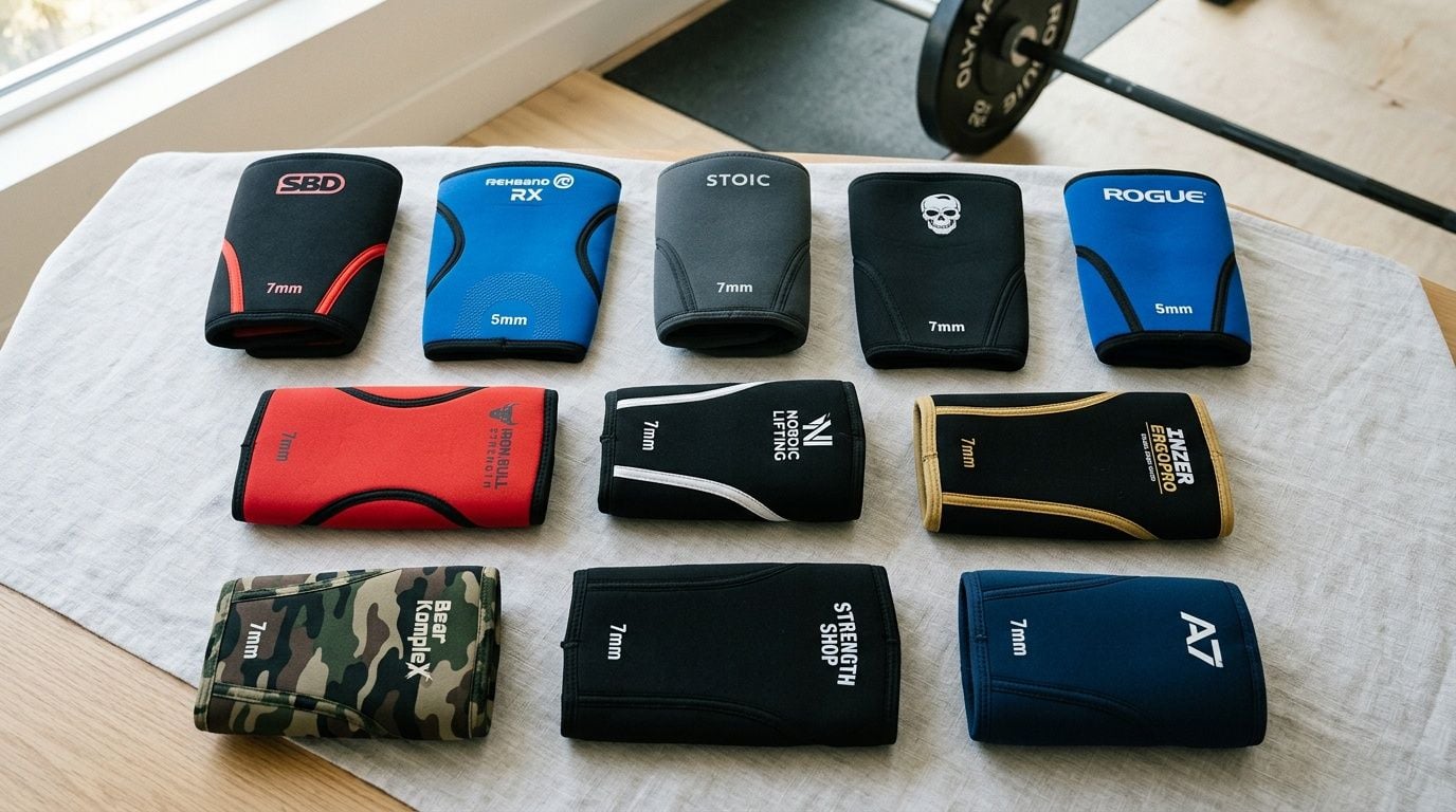 An organized display of various brands of neoprene knee sleeves for powerlifting and squats on a table.
