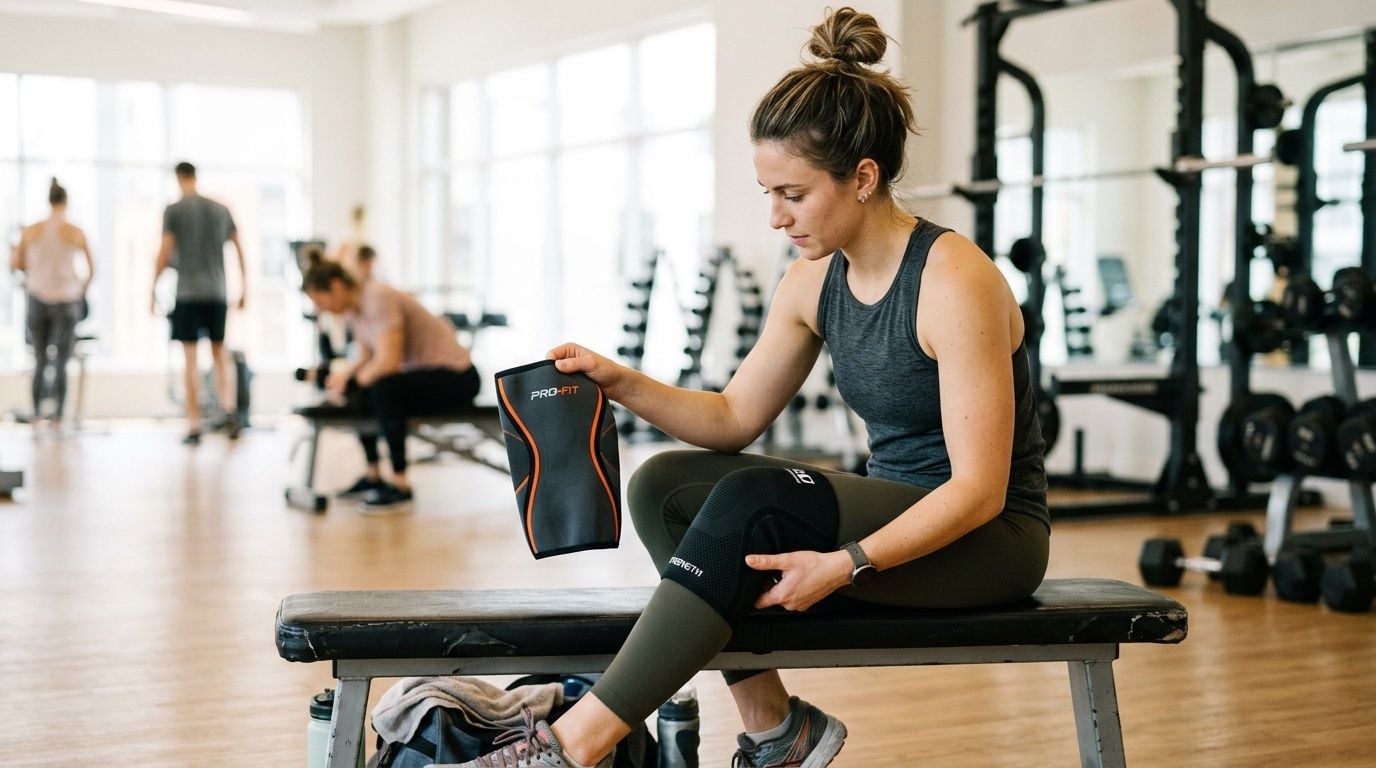 A fit woman sitting on a gym bench, putting on a Pro-Fit knee sleeve for squat support.