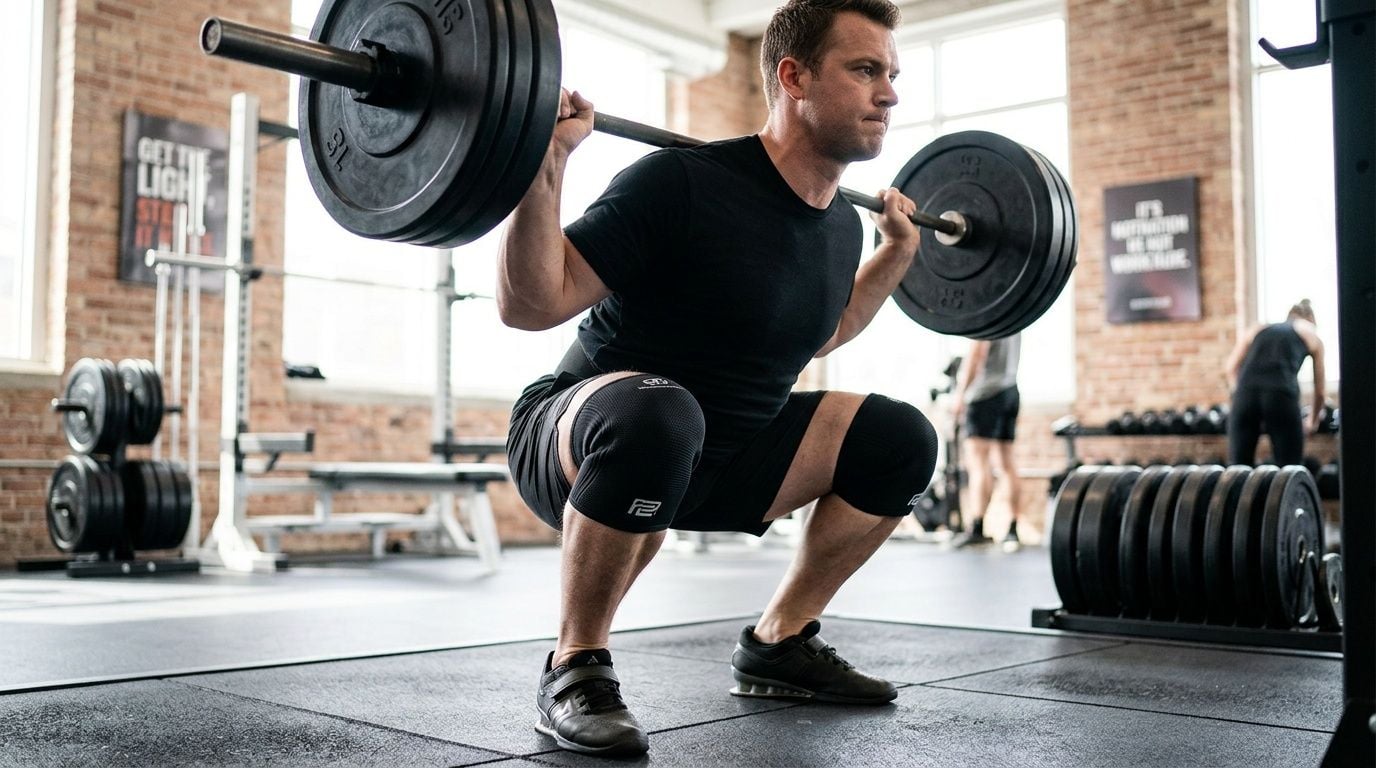 A man performing a barbell back squat while wearing protective black knee sleeves in a gym.