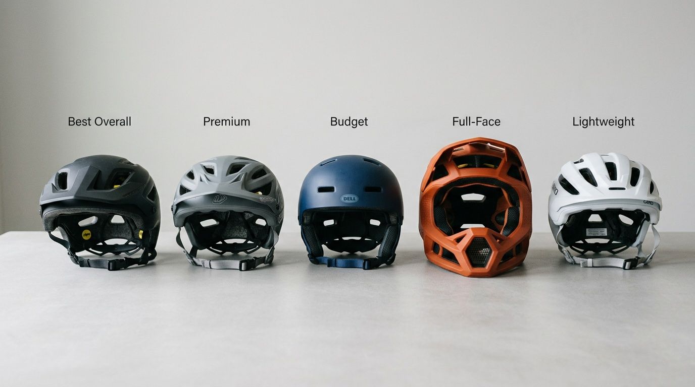 Five categorized mountain bike helmets: Best Overall, Premium, Budget, Full-Face, and Lightweight.