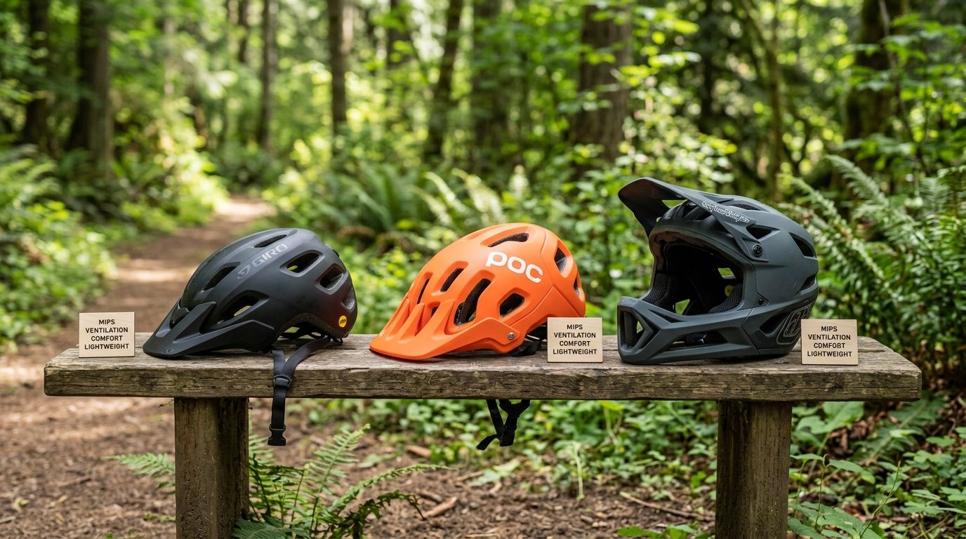 Three distinct mountain bike helmets (Giro, POC, Troy Lee Designs) displayed on a wooden bench in a forest.