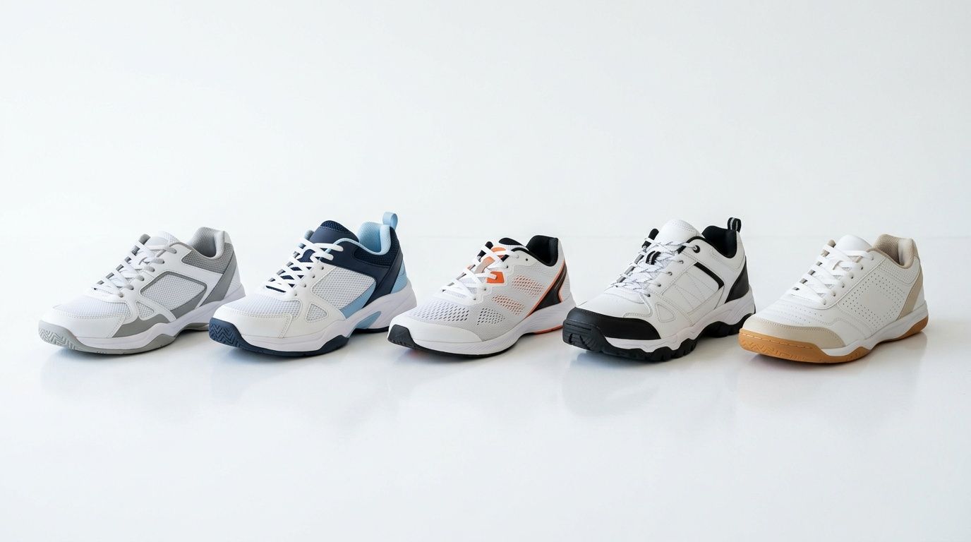 Five pairs of athletic shoes in various colors like white, blue, black, and beige, on a white background.