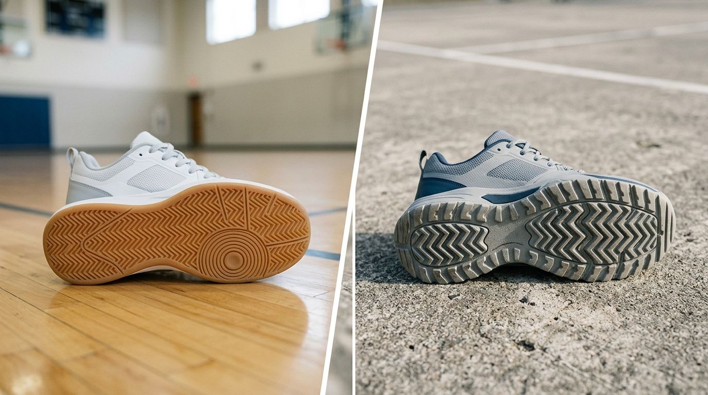 A white indoor pickleball shoe on a wooden court compared to a grey outdoor pickleball shoe on concrete.