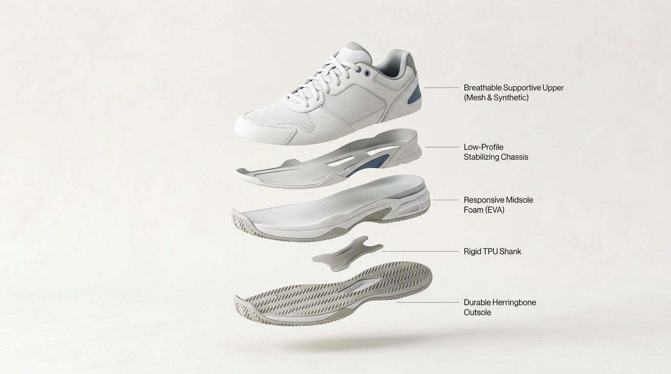 Exploded view of a white tennis shoe, detailing its breathable upper, chassis, midsole, shank, and outsole.