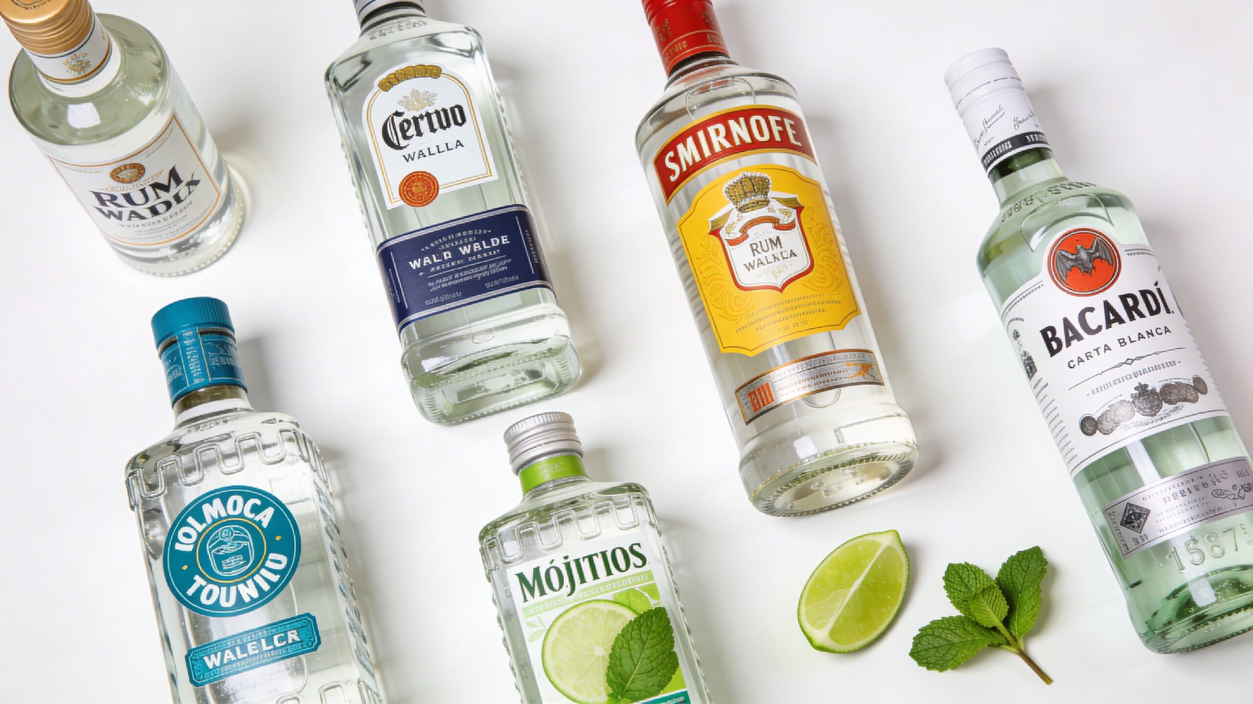 A collection of various rum and alcohol bottles for making cocktails arranged on a white background.