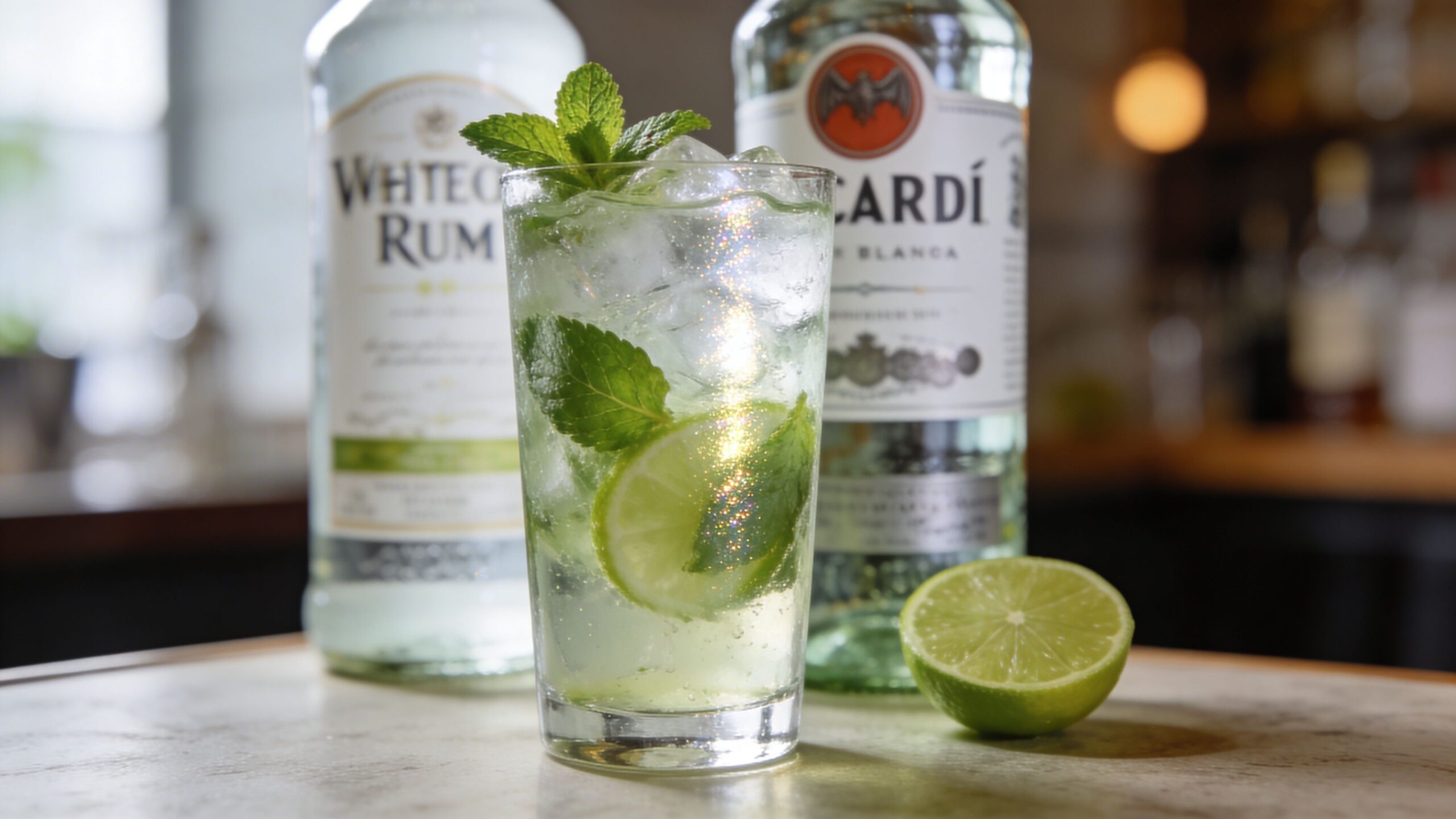 A tall glass of refreshing mojito cocktail garnished with fresh mint and lime slices, with rum bottles behind.