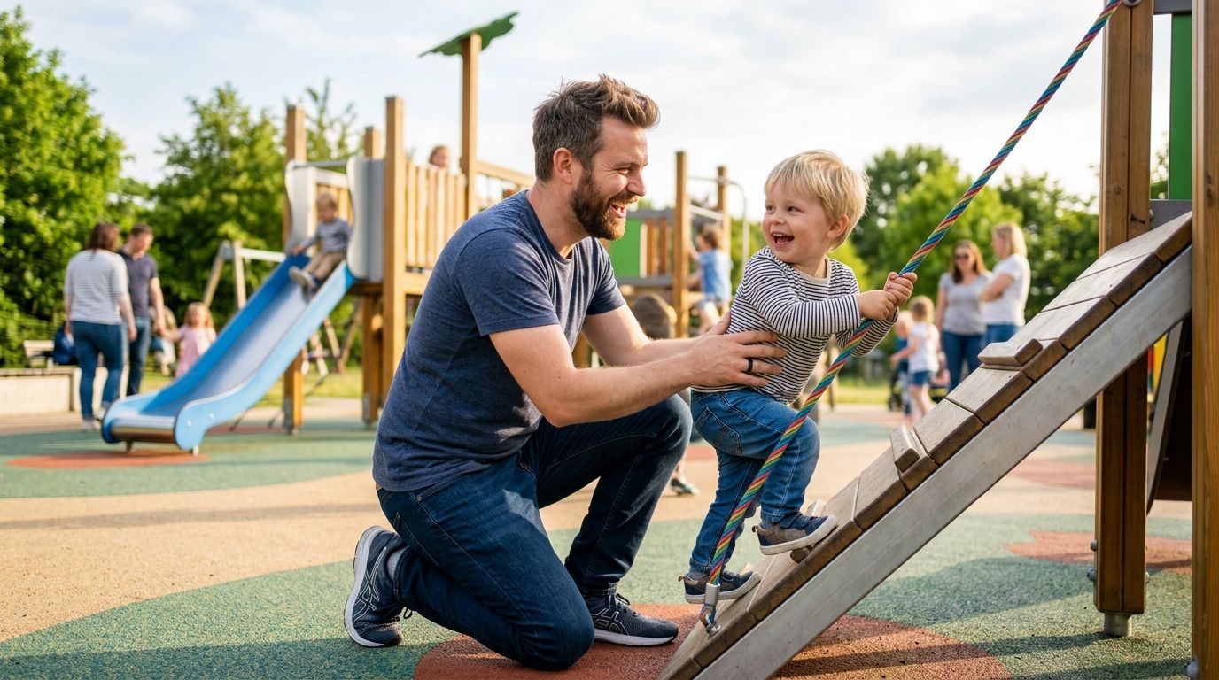 A happy father smiling while helping his young toddler climb a wooden playground ramp outdoors.