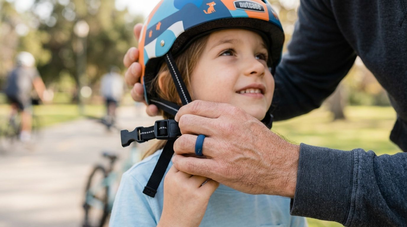 A father helping his child secure a bike helmet, wearing a blue silicone ring on his finger.