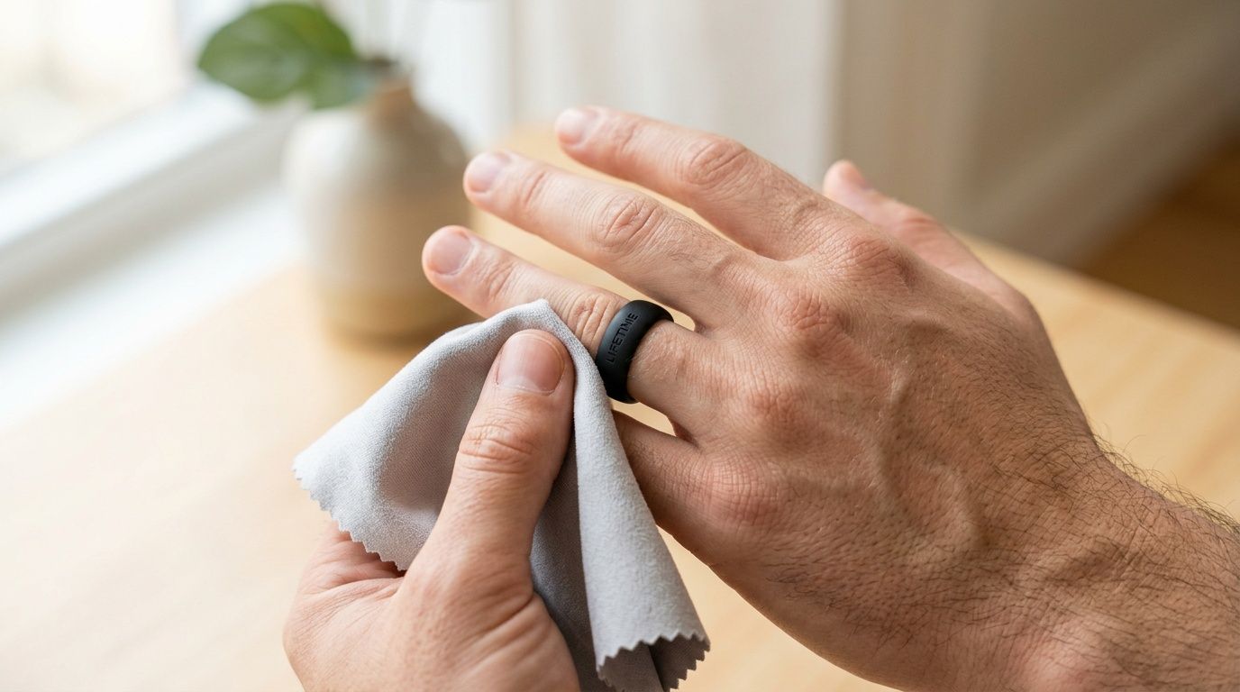 A man uses a soft gray cloth to clean and polish his black silicone wedding ring.