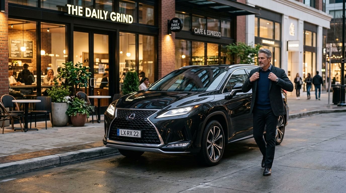 A sophisticated man in a dark blazer walking confidently beside a luxury black Lexus SUV downtown.