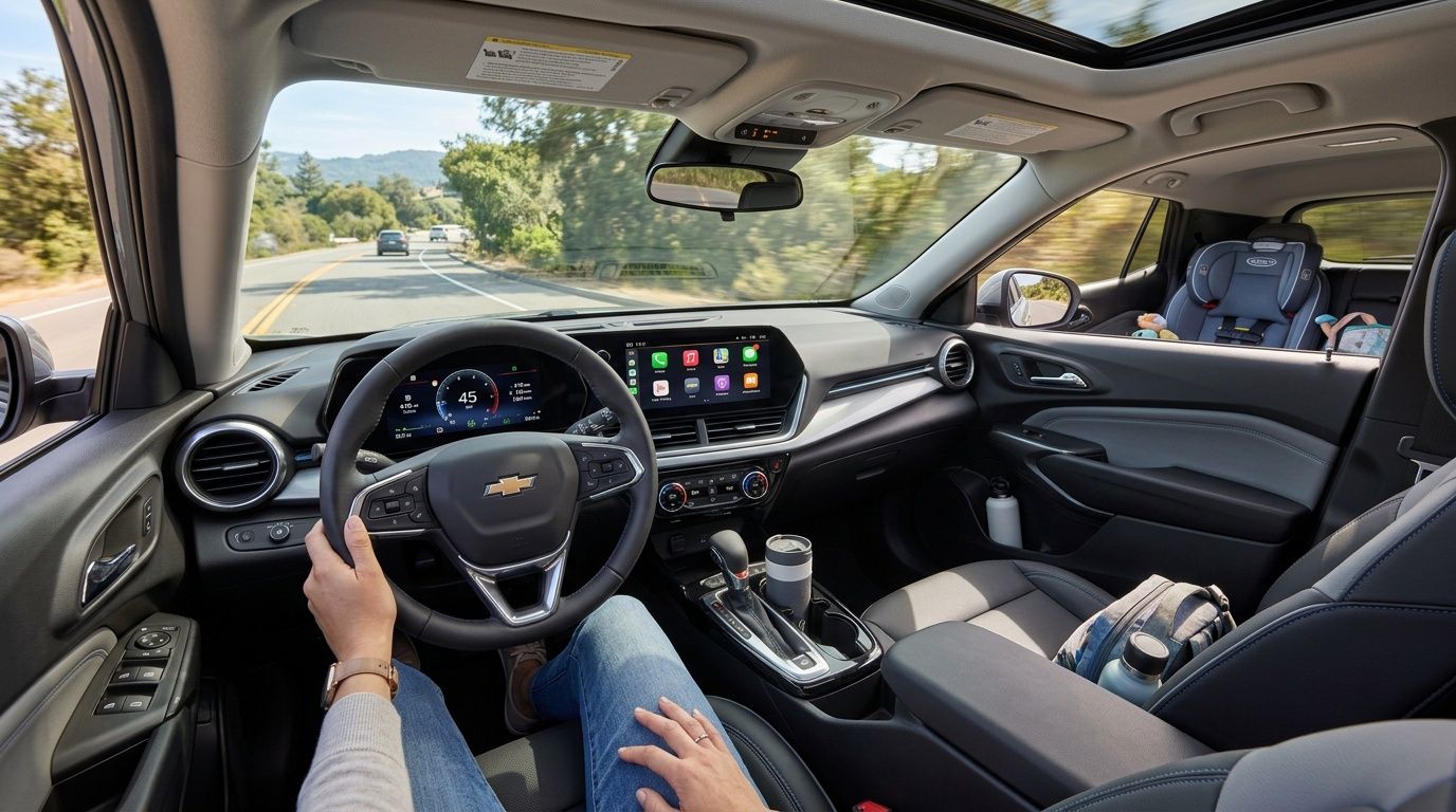 A first-person view from the driver's seat of a blue Chevy Trax driving on a sunny road.