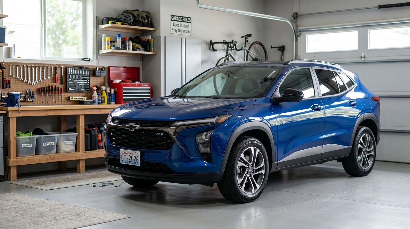 A vibrant blue Chevrolet Trax parked inside a clean, well-organized residential garage with tools on the wall.