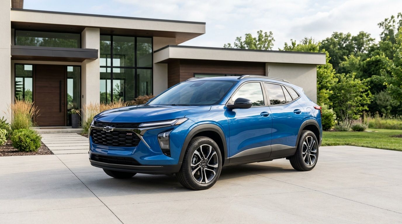 A modern blue Chevrolet Trax SUV parked in a driveway in front of a contemporary home exterior.