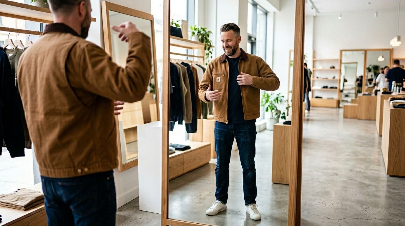 A man wearing a brown Carhartt WIP Detroit jacket looks at his reflection in a boutique shop mirror.