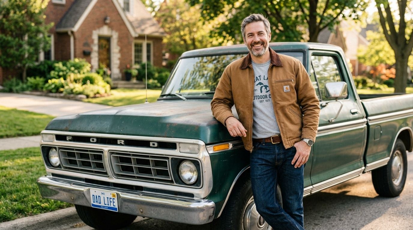 A smiling man wearing a Carhartt WIP Detroit jacket leaning against a vintage green Ford pickup truck.