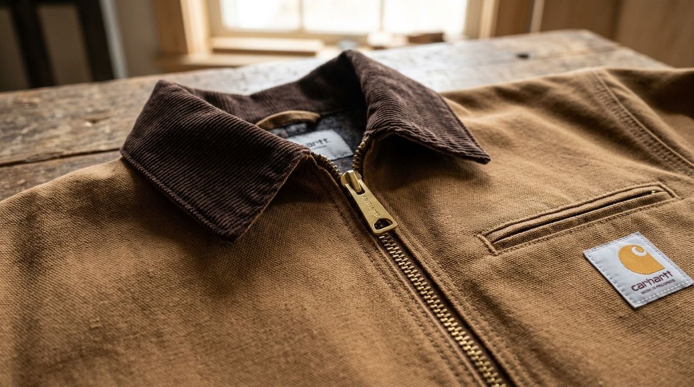 A close-up shot showing the collar, brass zipper, and Carhartt brand patch of a classic brown jacket.